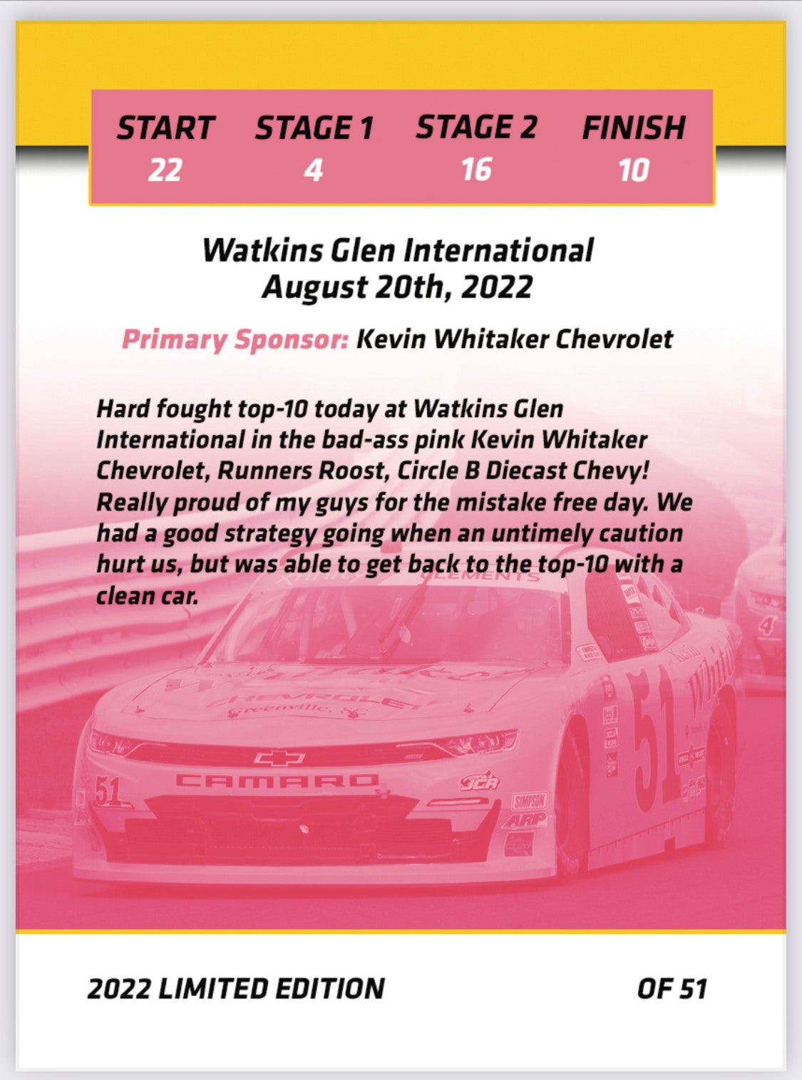 Jeremy Clements signed limited edition trading card, Race 22