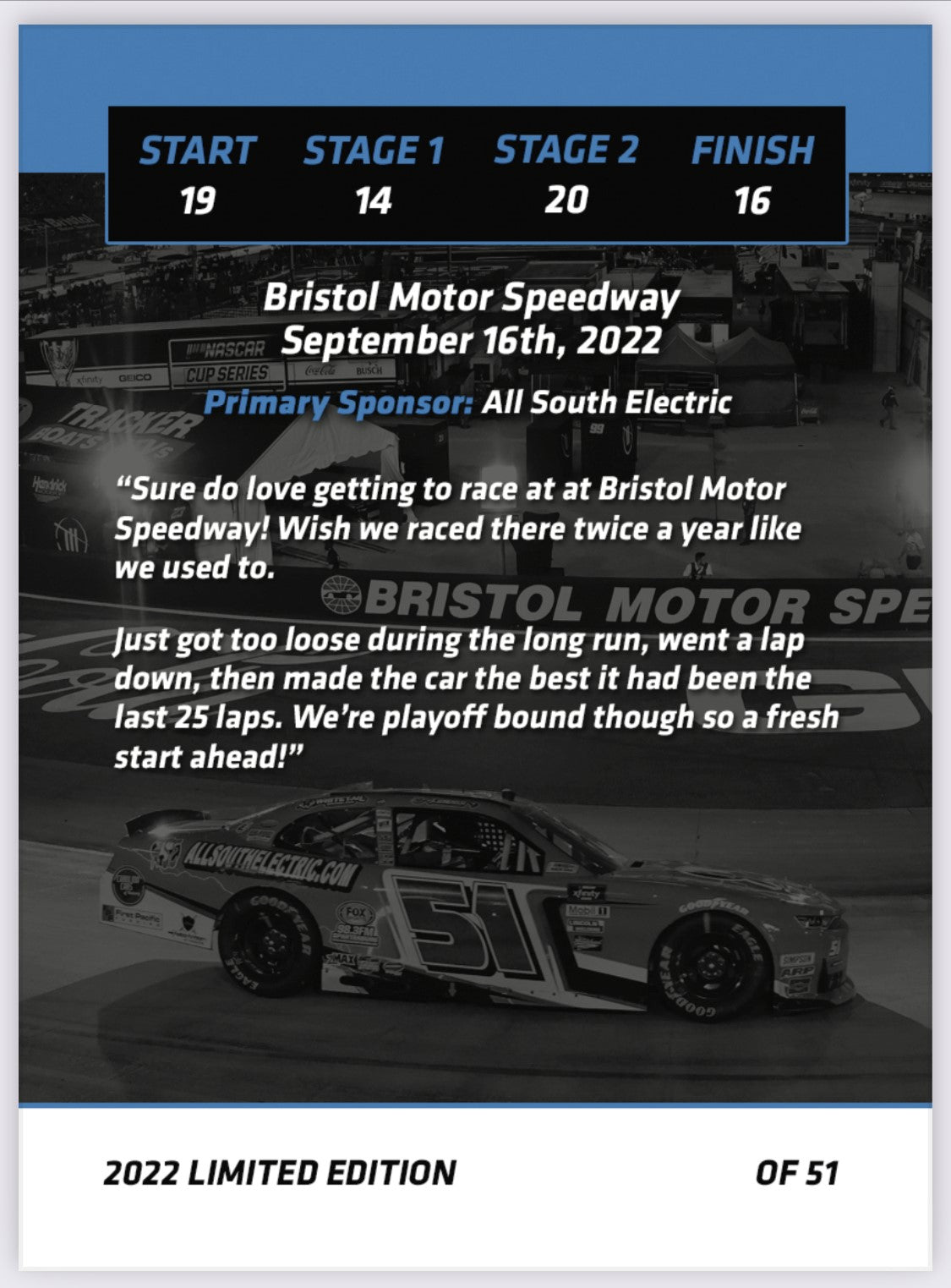 Jeremy Clements signed limited edition trading card, Race 26