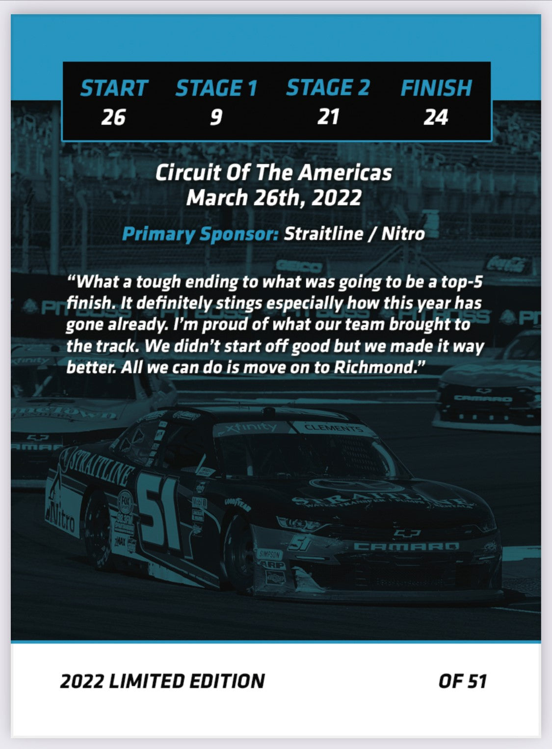 Jeremy Clements signed limited edition trading card, Race 6