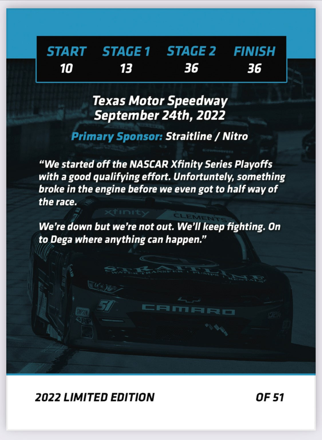Jeremy Clements signed limited edition trading card, Race 27