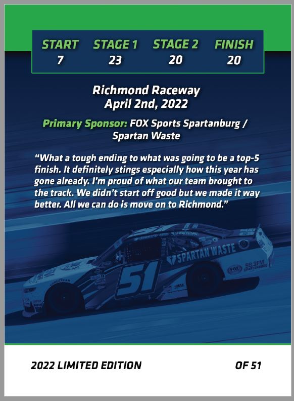 Jeremy Clements signed limited edition trading card, Race 7