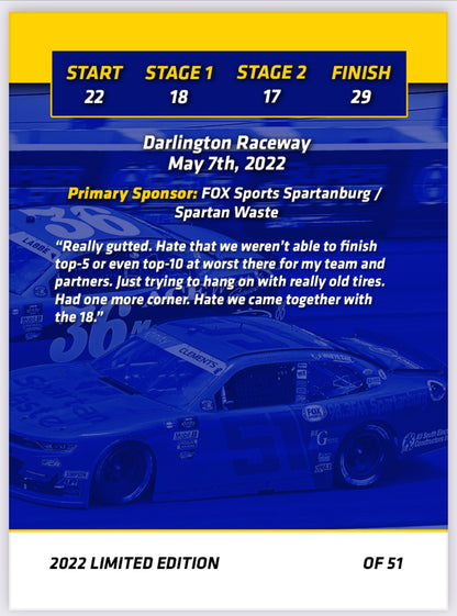 Jeremy Clements signed limited edition trading card, Race 11