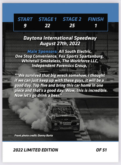 Jeremy Clements signed limited edition trading card, Race 23 DAYTONA WIN!