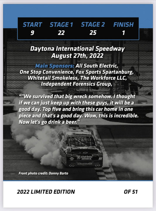 Jeremy Clements signed limited edition trading card, Race 23 DAYTONA WIN!