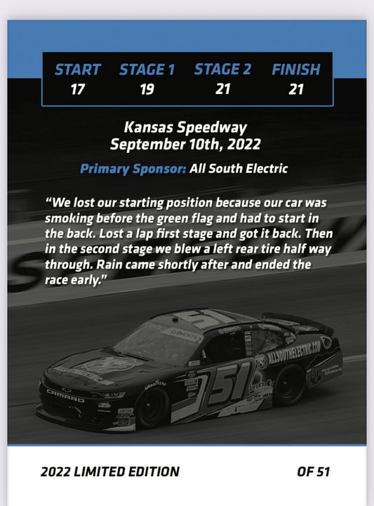 Jeremy Clements signed limited edition trading card, Race 25
