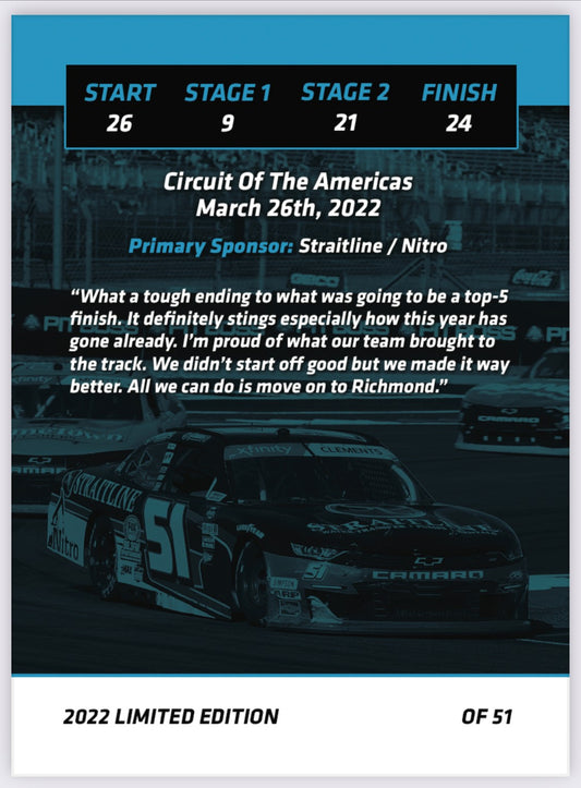 Jeremy Clements signed limited edition trading card, Race 6