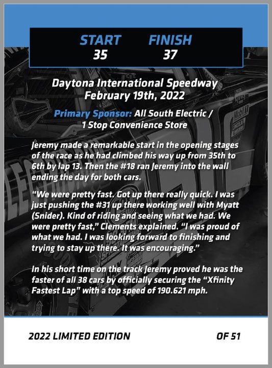Jeremy Clements signed limited edition trading card, Race 1