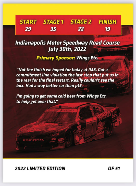Jeremy Clements signed limited edition trading card, Race 20