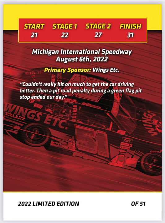 Jeremy Clements signed limited edition trading card, Race 21