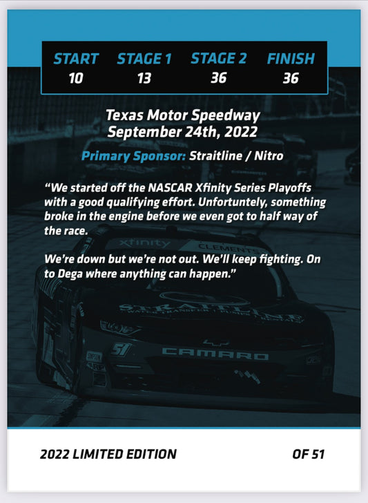 Jeremy Clements signed limited edition trading card, Race 27