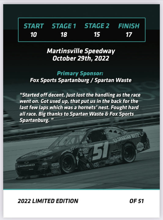 Jeremy Clements signed limited edition trading card, Race 32