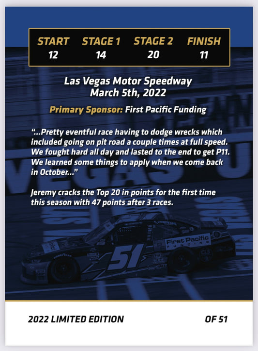 Jeremy Clements signed limited edition trading card, Race 3