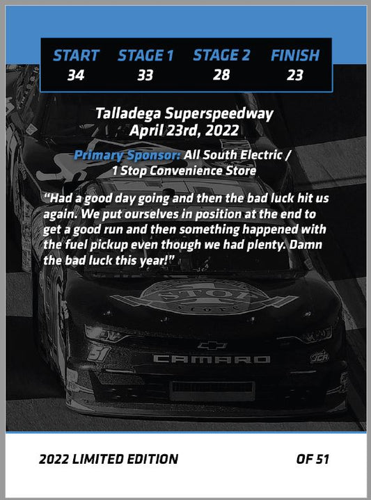 Jeremy Clements signed limited edition trading card, Race 9