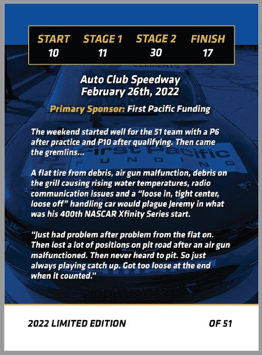 Jeremy Clements signed limited edition trading card, Race 2